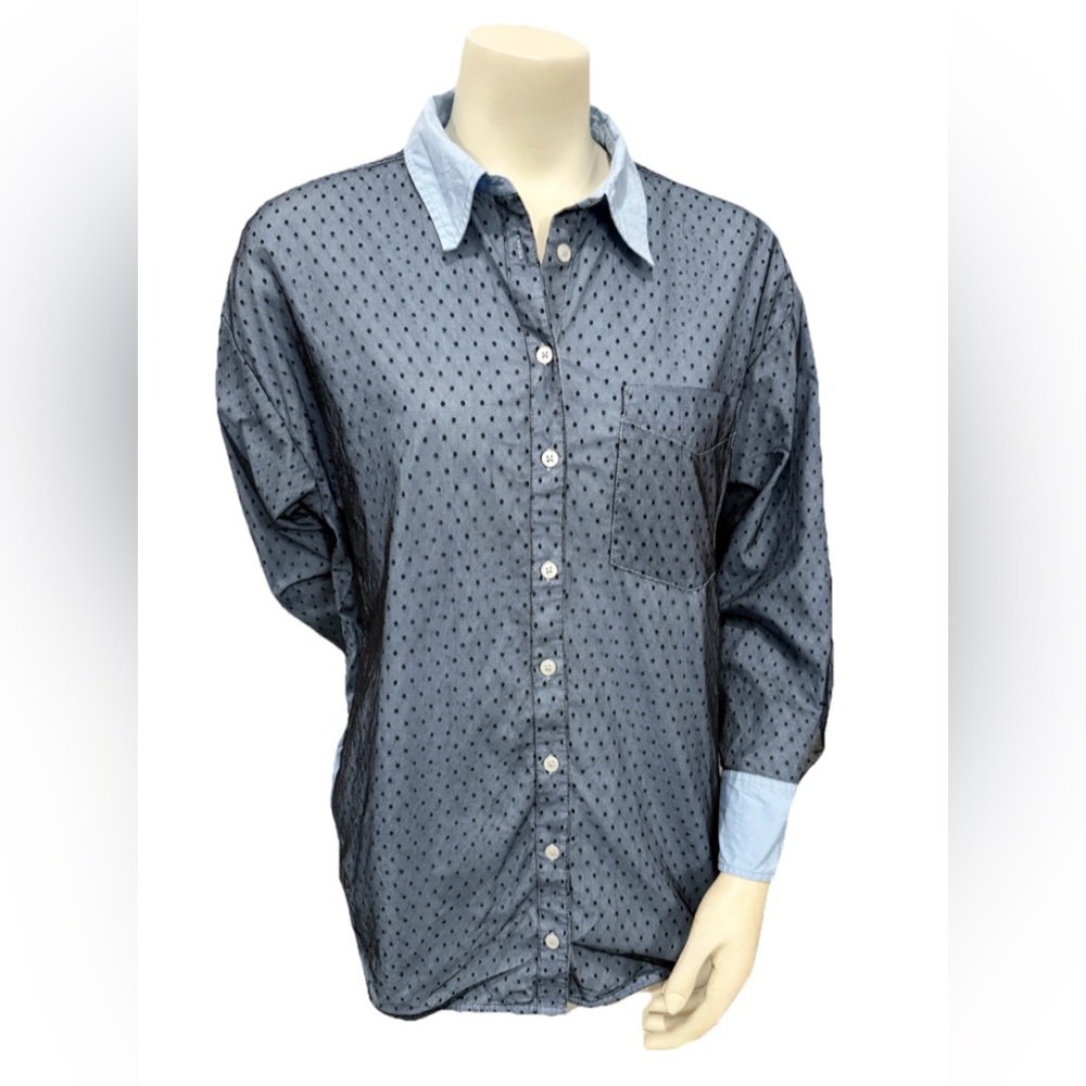 Maeve Anthropologie Polka Dot Button Down Shirt Blue Mesh Overlay Medium